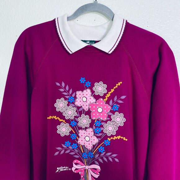 Cabin Creek Vintage Sweater Women Large Floral Puff Graphic Collared CottageCore - Picture 2 of 13